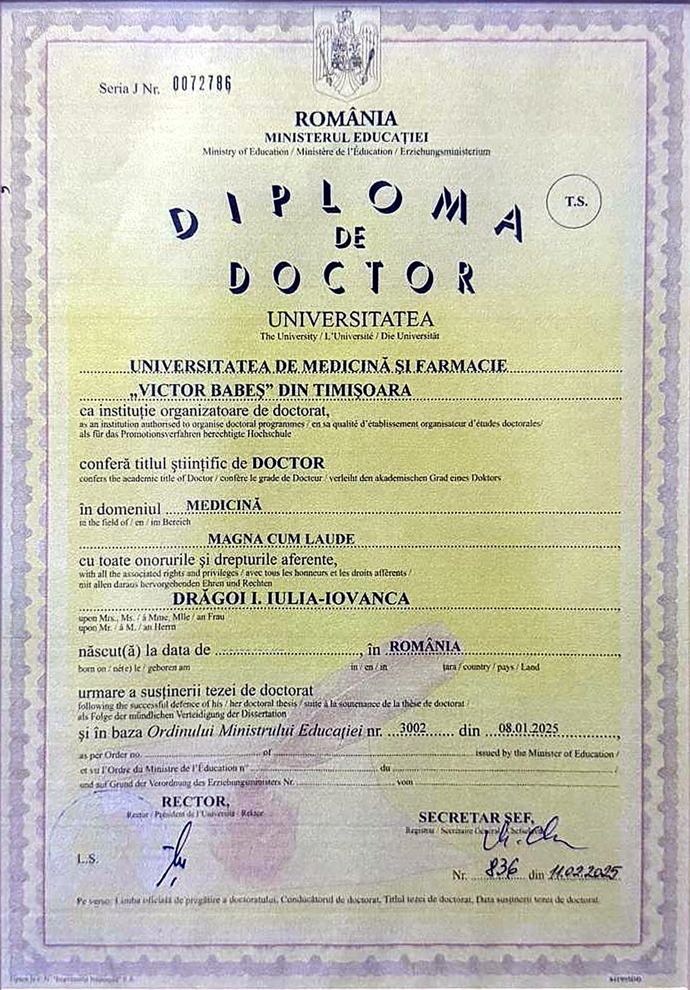 Diplomă de doctor în Medicină, Magna cum laude — Universitatea de Medicină și Farmacie „Victor Babeș” Timișoara