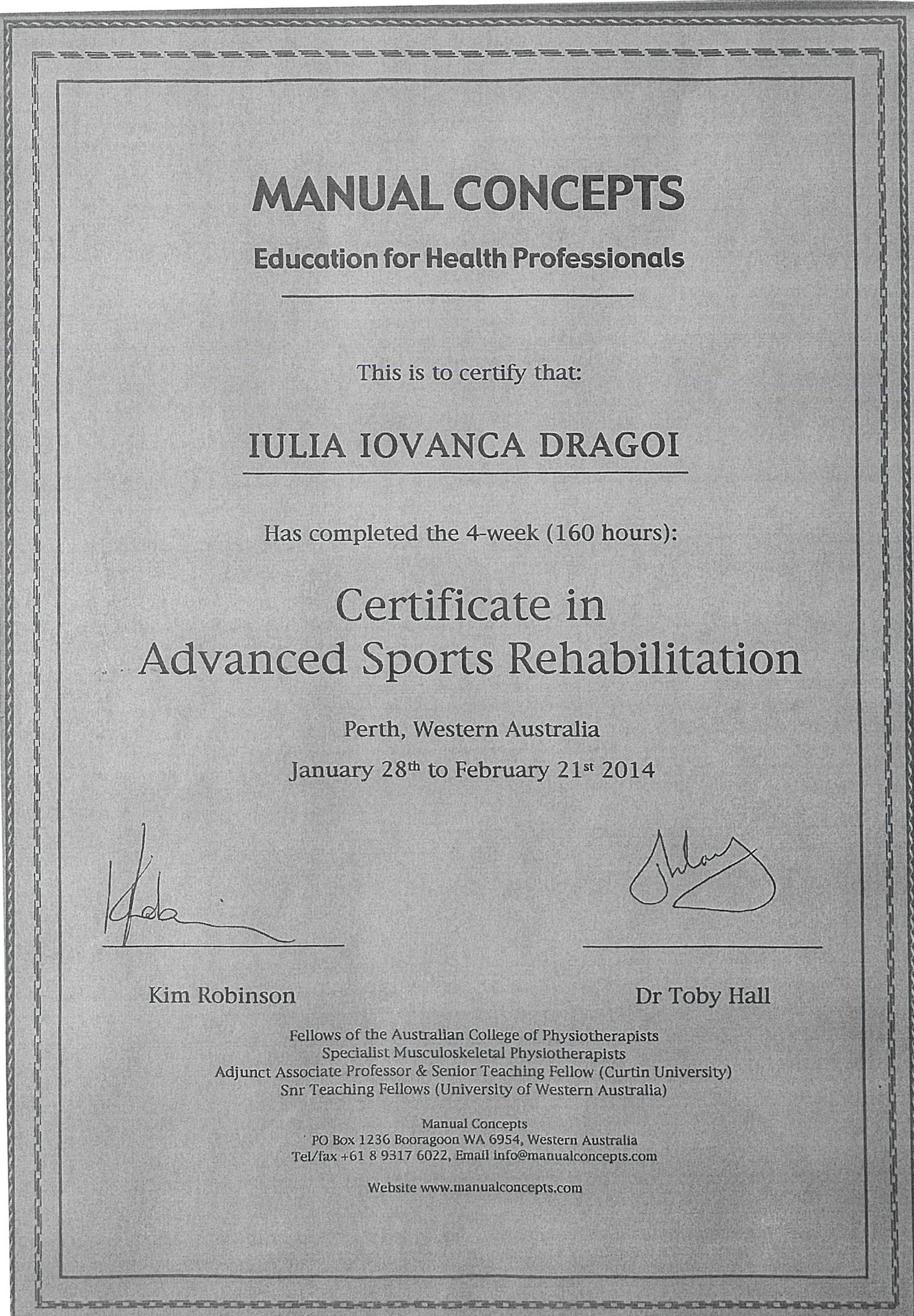 Certificat Manual Concepts — Advanced Sports Rehabilitation, Perth