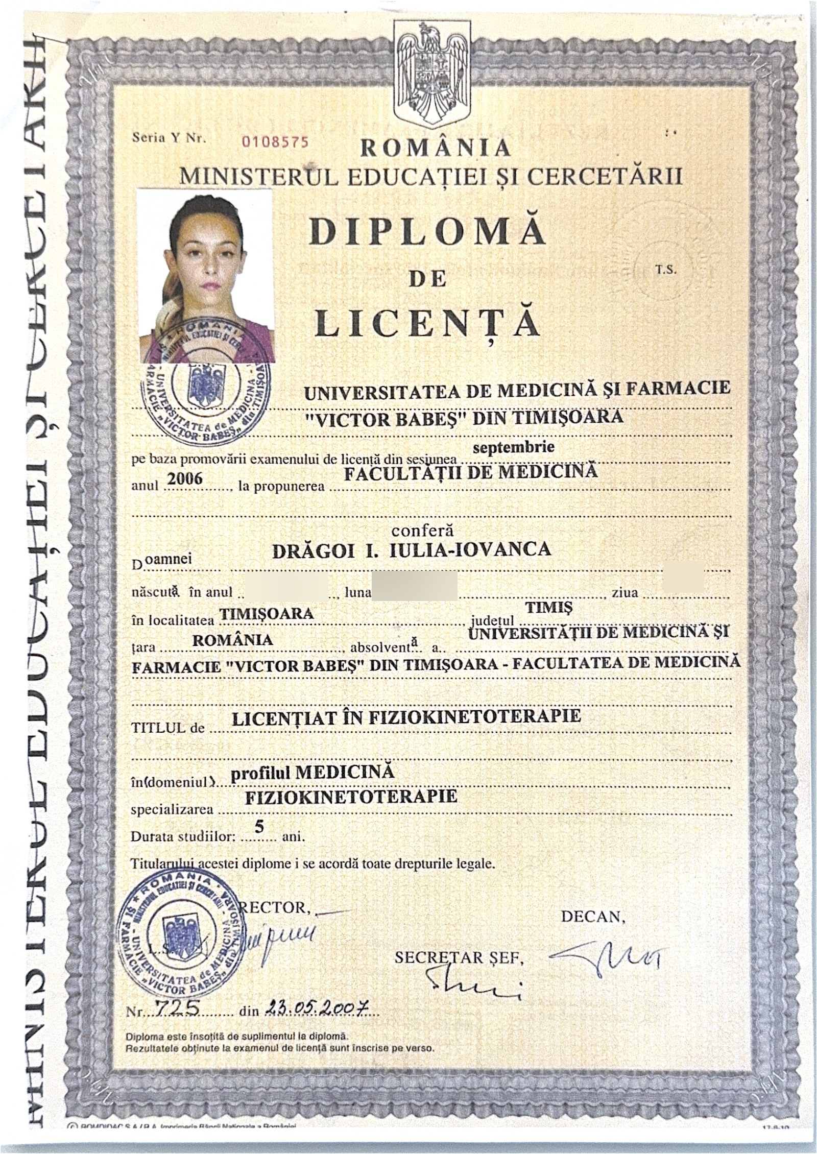 Diplomă de licență în Fiziokinetoterapie — Universitatea de Medicină și Farmacie „Victor Babeș” Timișoara