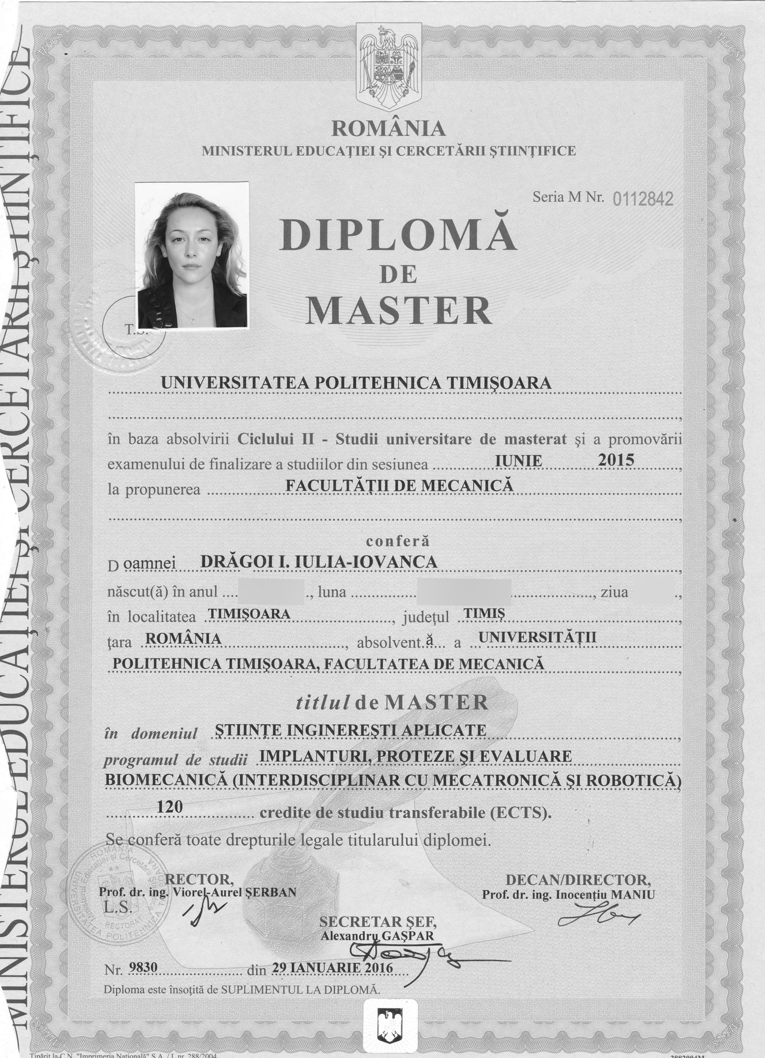 Diplomă de master în Implanturi, Proteze și Evaluare Biomecanică — Universitatea Politehnica Timișoara