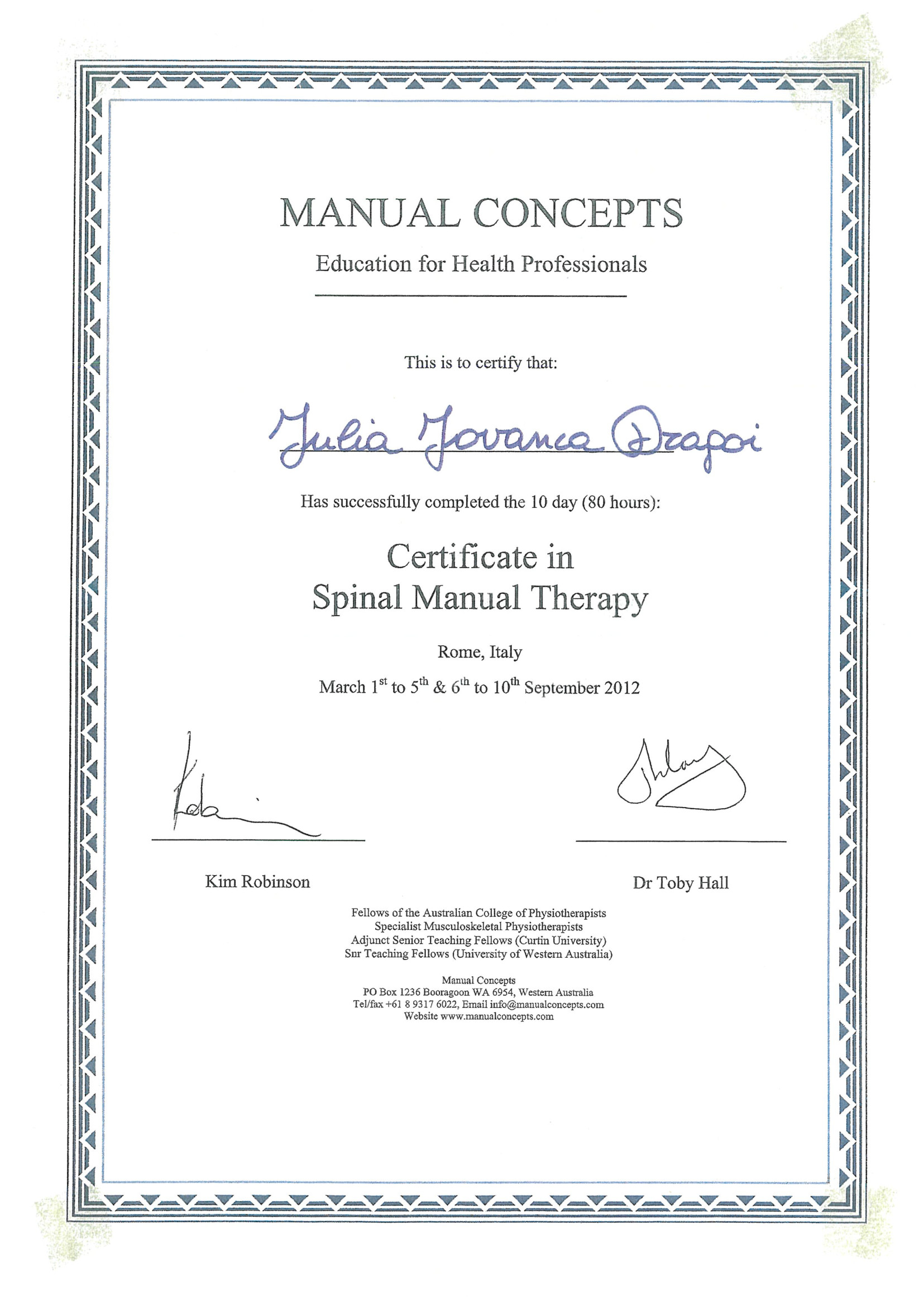 Certificat Manual Concepts — Spinal Manual Therapy, Roma