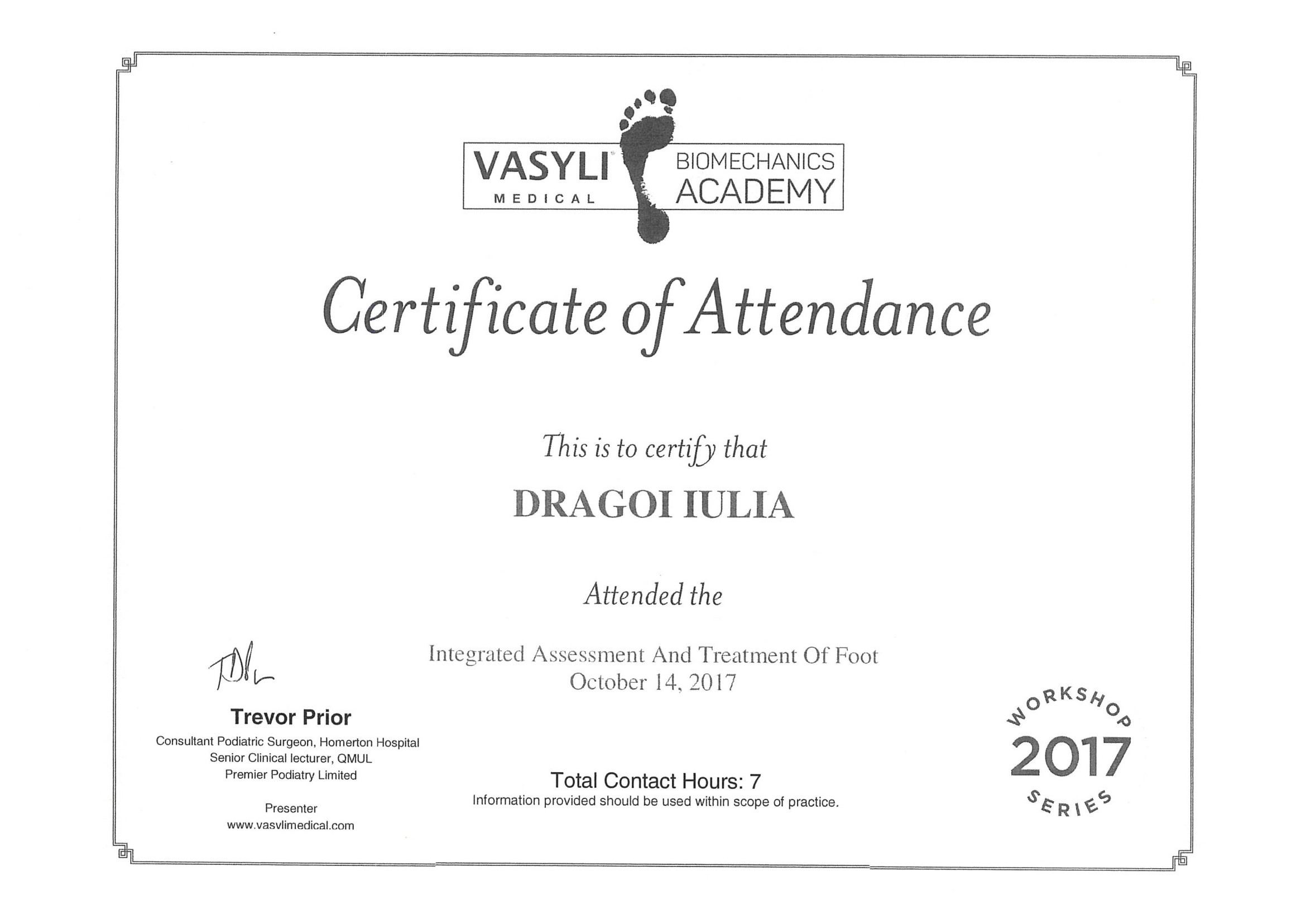Certificat VASYLI Biomechanics Academy — Integrated Assessment and Treatment of Foot