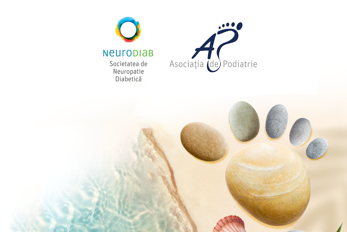 Afiș Școala de Vară în Neuropatie Diabetică și Picior Diabetic, cu siglele NeuroDiab și Asociația de Podiatrie